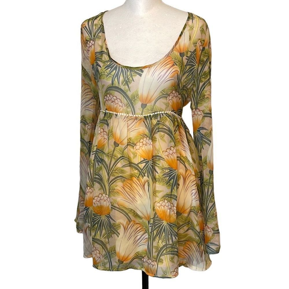 TOBI Womens Tunic Bouse Top‎ Floral Long Sleeve High Waist Yellow Green Small